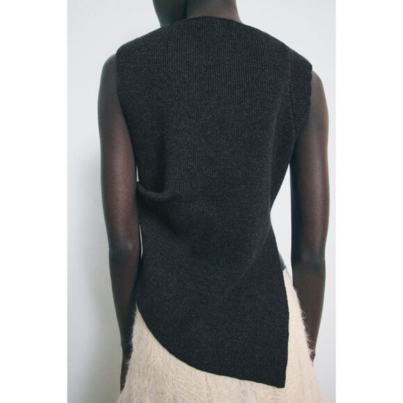 Gray Zara Side Ruched Asymmetrical Hem Ribbed Knit Sleeveless Sweater Top (NWT) - Picture 7 of 8